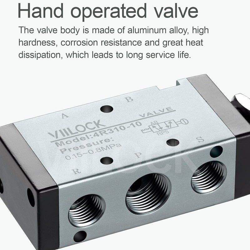 VIILOCK Pneumatic Air Hand Lever Valve, 5 Way 2 Position 3/8”NPT Solenoid Valve Manual Control Direct Driving Type Push-Pull 4R310-10 - Image 3